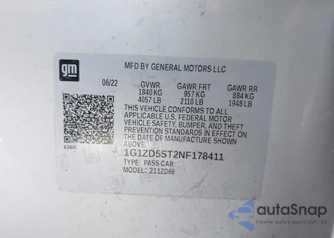 2022 Chevrolet Malibu Lt z USA, uszkodzony, nr VIN 1G1ZD5ST2NF178411